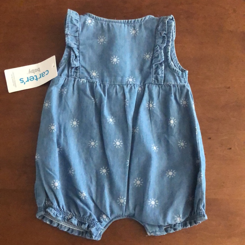 Newborn girl’s jean jumper romper summer sun one piece - Picture 2 of 5